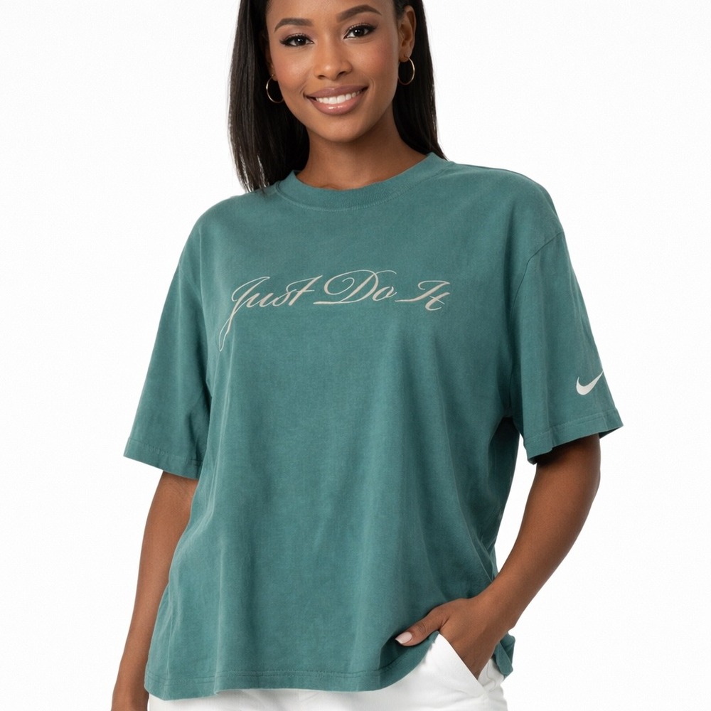 Nike Just Do‎ It Script Graphic Tee Loose Fit Teal Green S Activewear Gym 102-63
